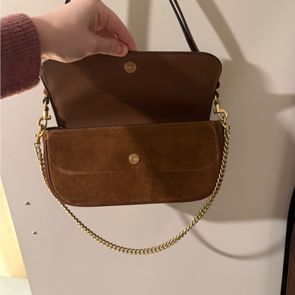 Coach Brook Flap Brown Suede Purse with Gold Dinky Chain - Picture 2 of 3